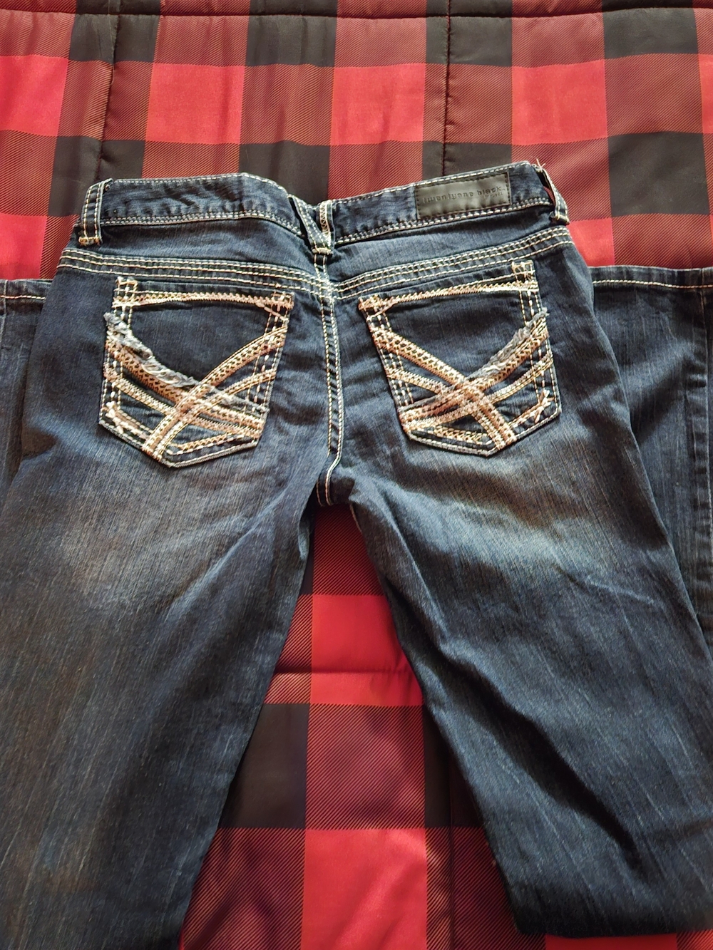 Women's Dark Blue Bootcut Jeans with Embroidered Pocket Detail
